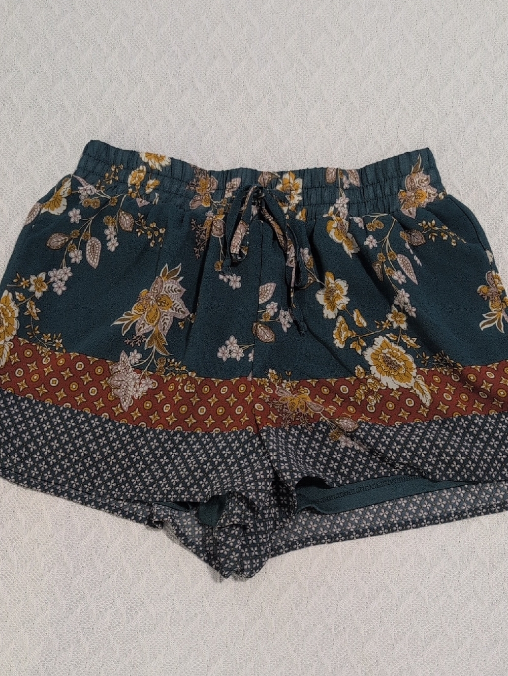 Boho High-Waist Floral Patchwork Shorts in Teal
